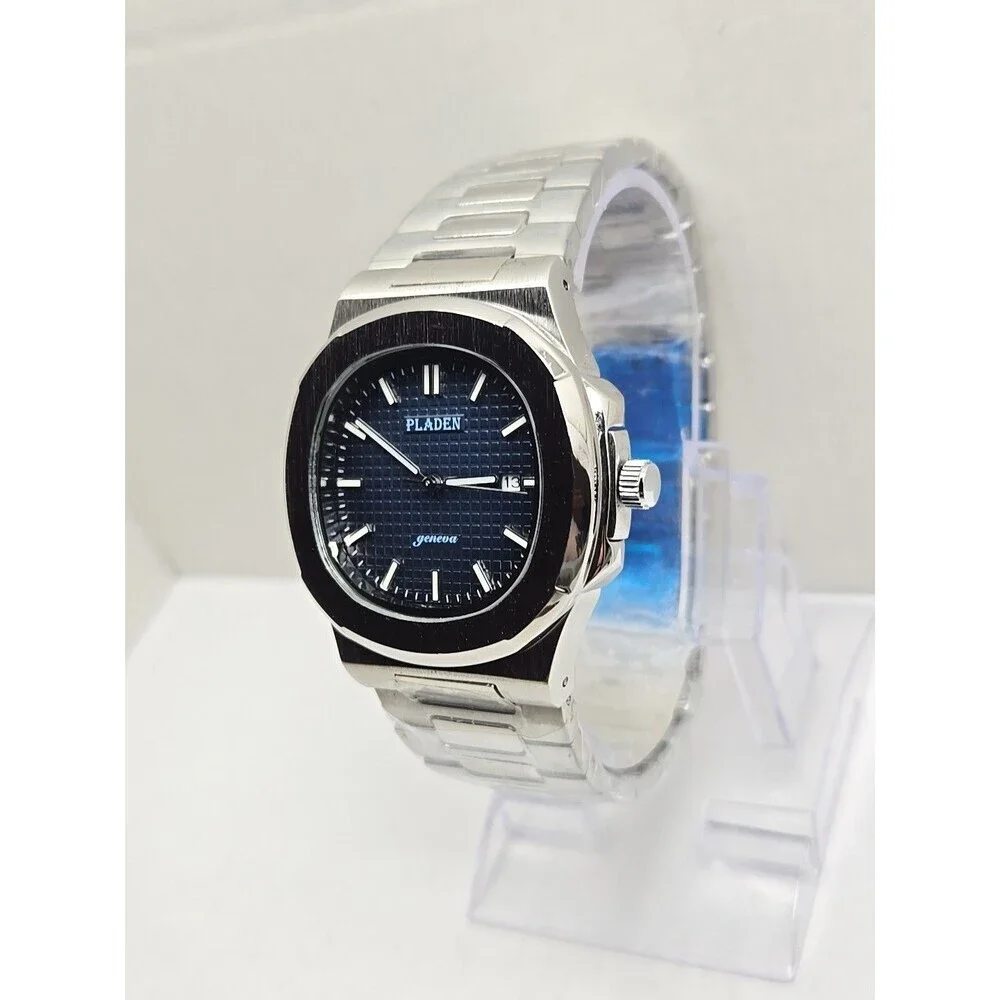 PLADEN Geneva Blue Dial Stainless Steel Date Quartz Watch New Battery Mens